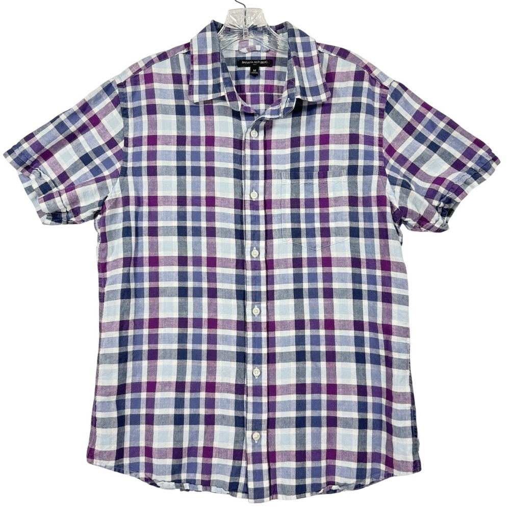 Banana Republic Button Down Shirt Mens Medium Purple Blue Plaid Linen‎ Cotton SS